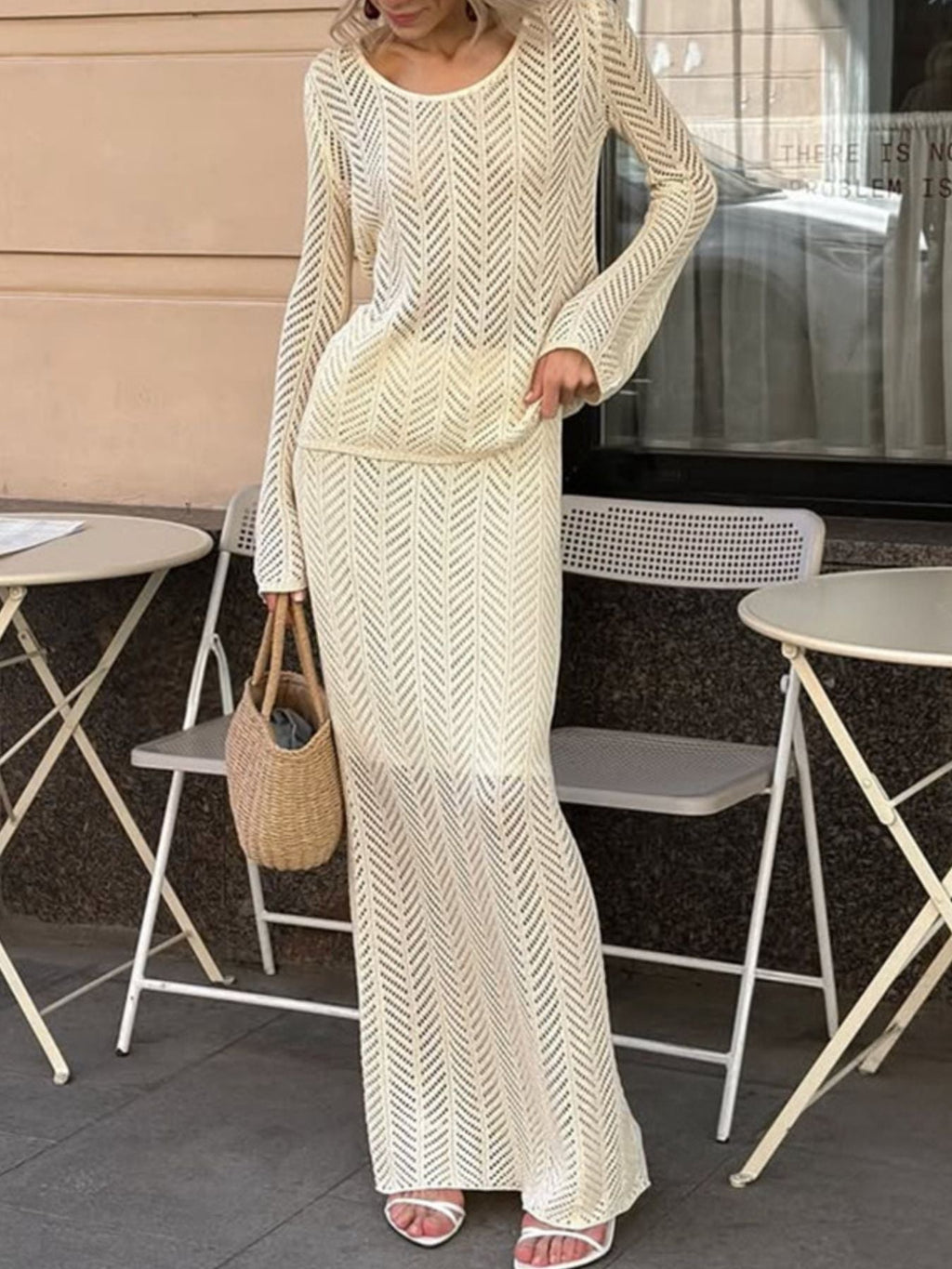 Openwork Long Sleeve Knit Top and Skirt Set