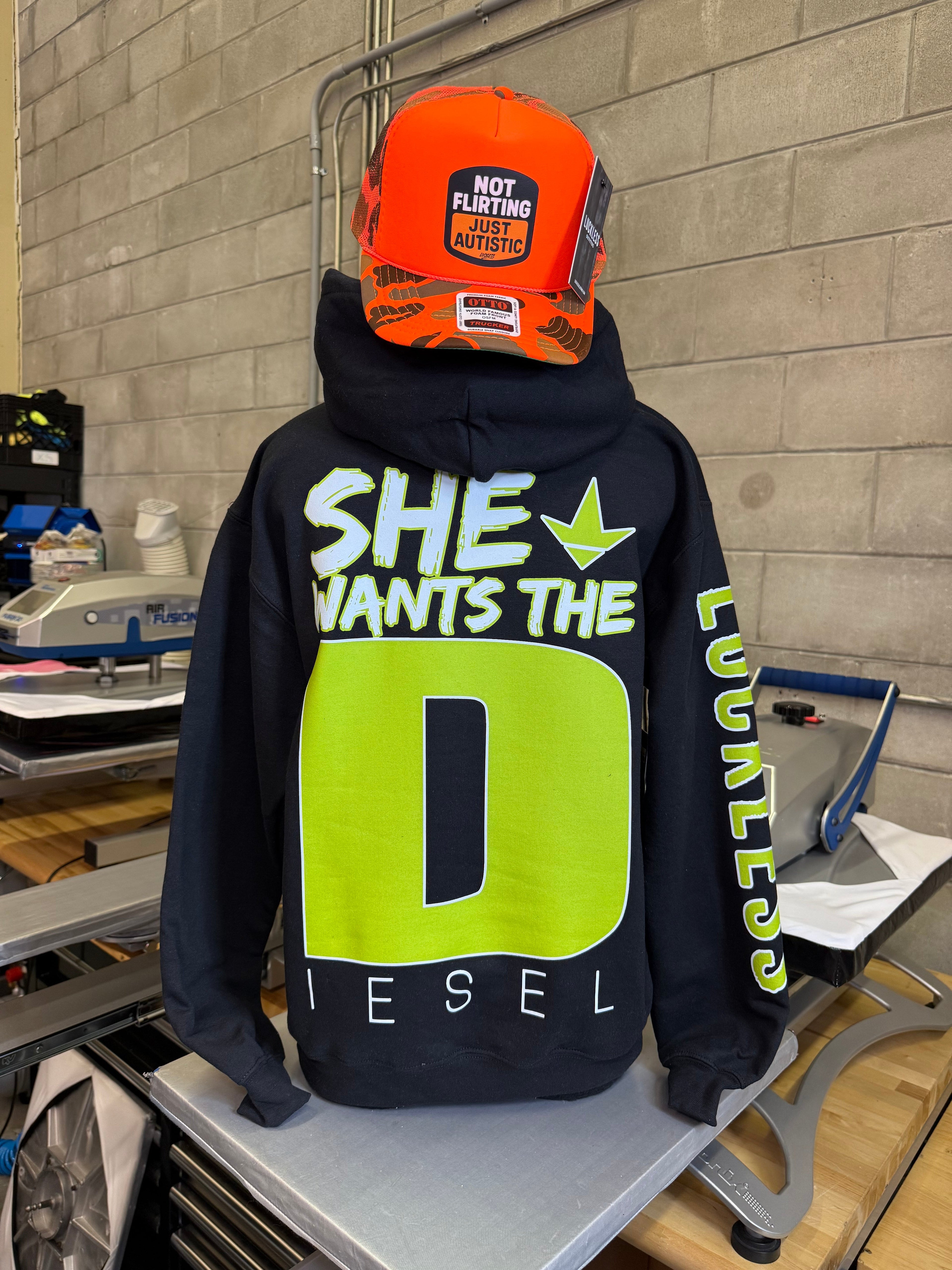 Luckless Outfitters She Wants the Diesel Hoodie — product on model