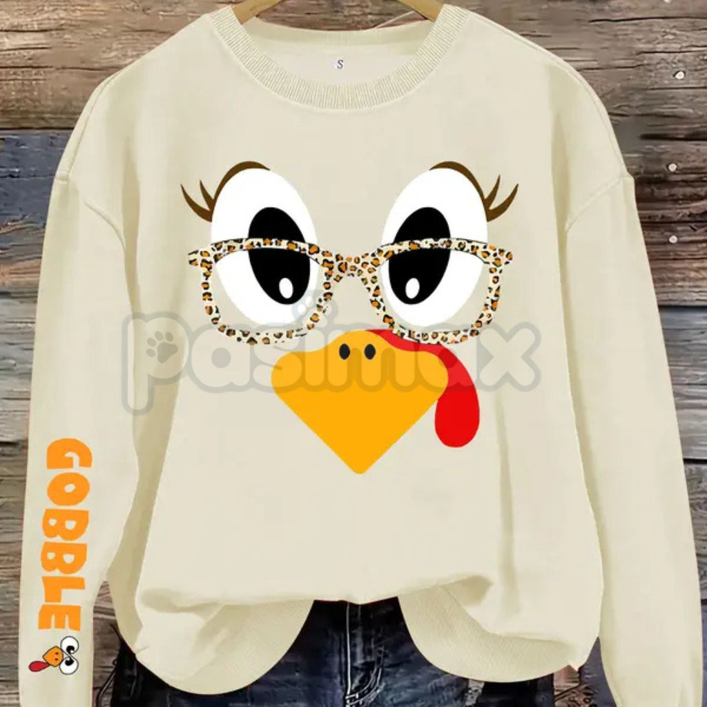 Pasimax Women's Casual Thanksgiving Turkey Print Pullover Sweater – Cozy Holiday Crewneck — detail close-up