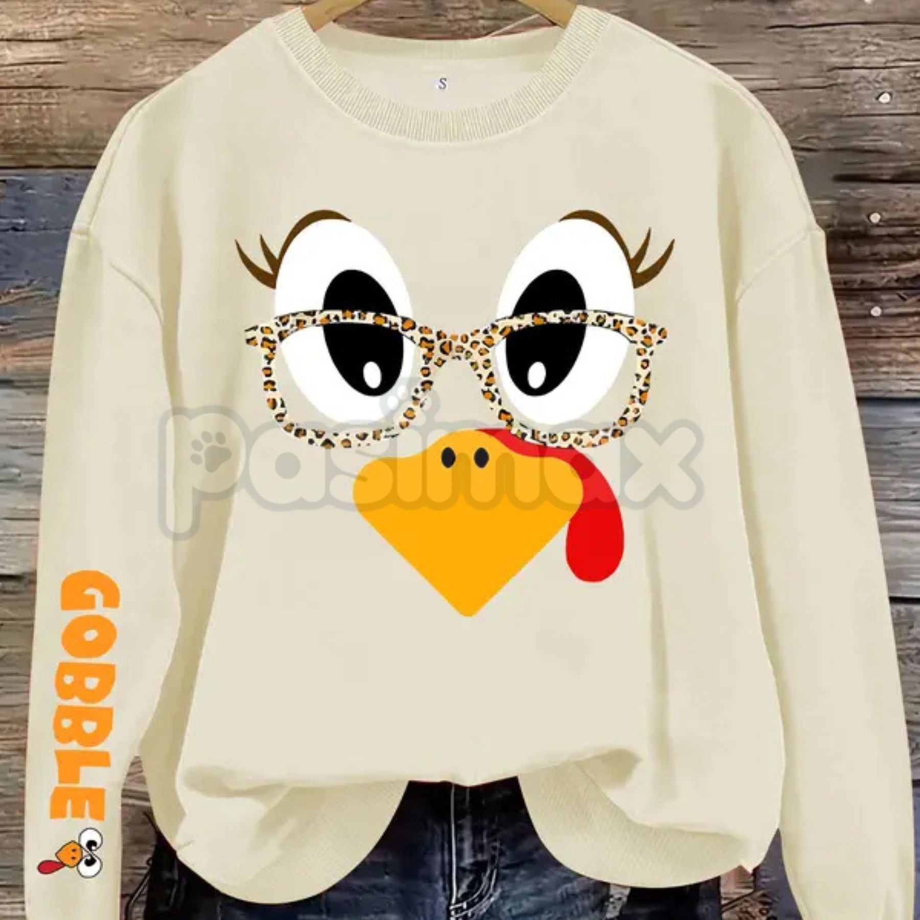 Pasimax Women's Casual Thanksgiving Turkey Print Pullover Sweater – Cozy Holiday Crewneck — detail close-up