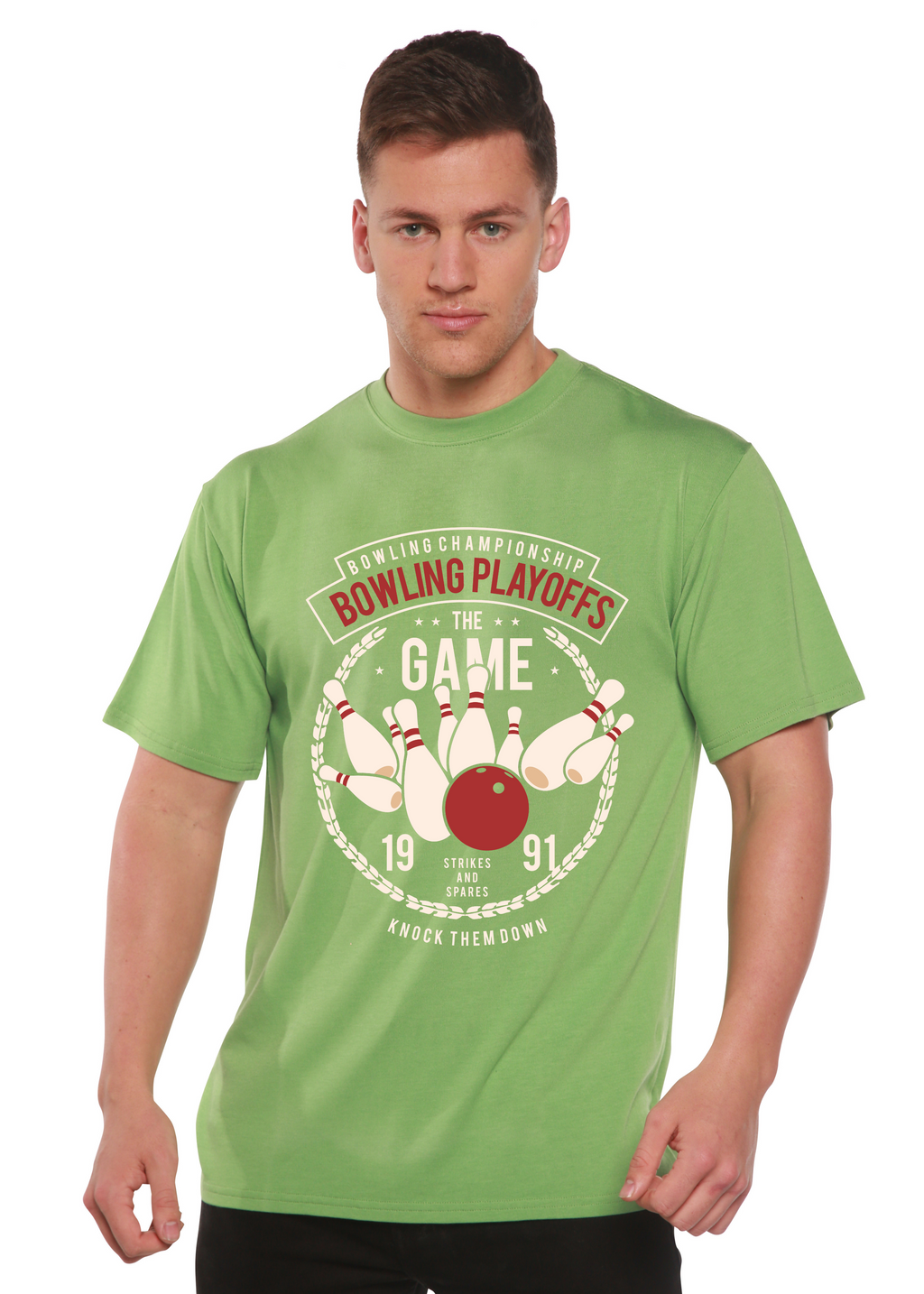 Spun Bamboo Bowling Playoffs Men's Bamboo Viscose/Organic Cotton Short Sleeve Graphic T-Shirt — lifestyle context