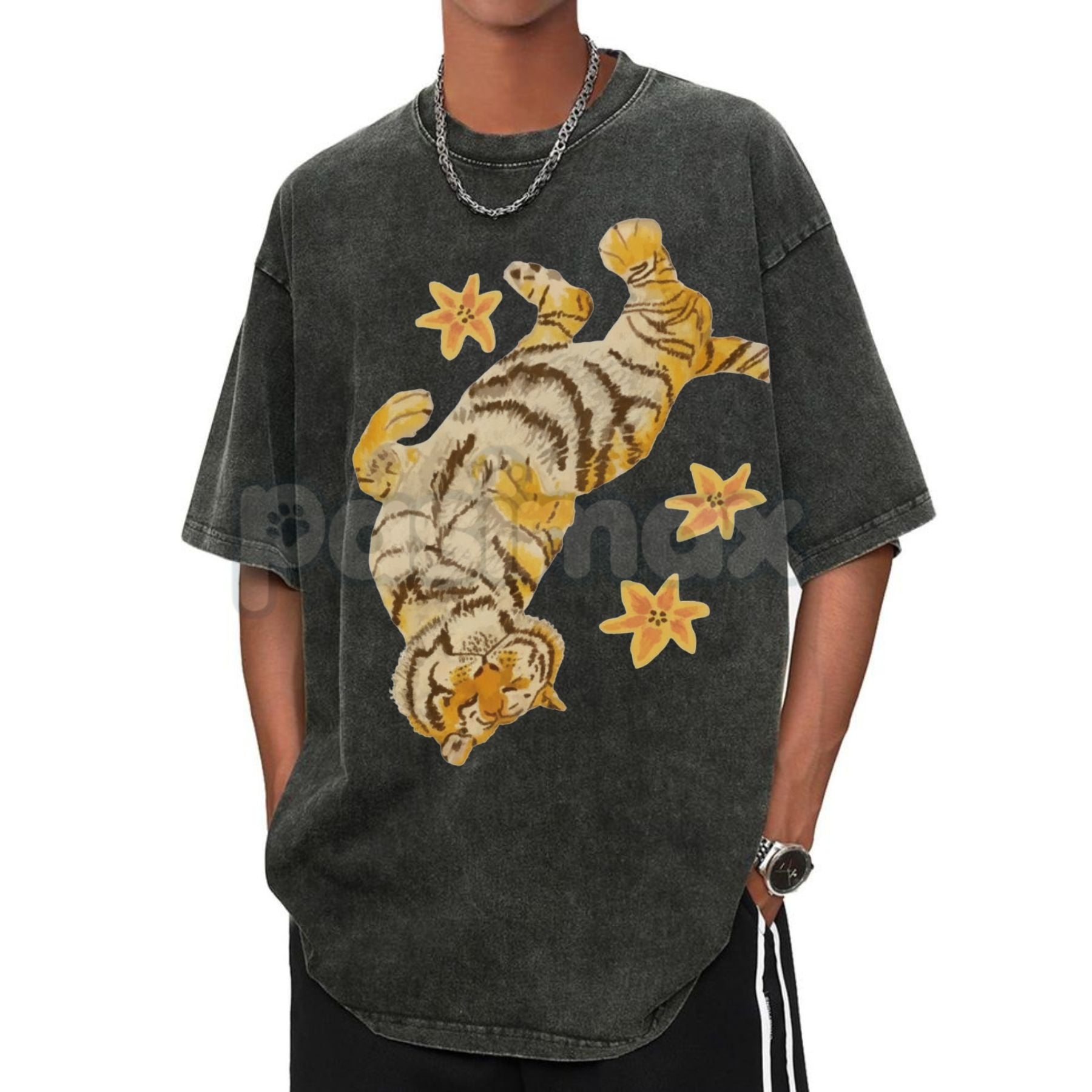 Pasimax Lazy Tiger Unisex Vintage Washed Tee – Oversized Animal Graphic Shirt, Chill Streetwear — detail close-up