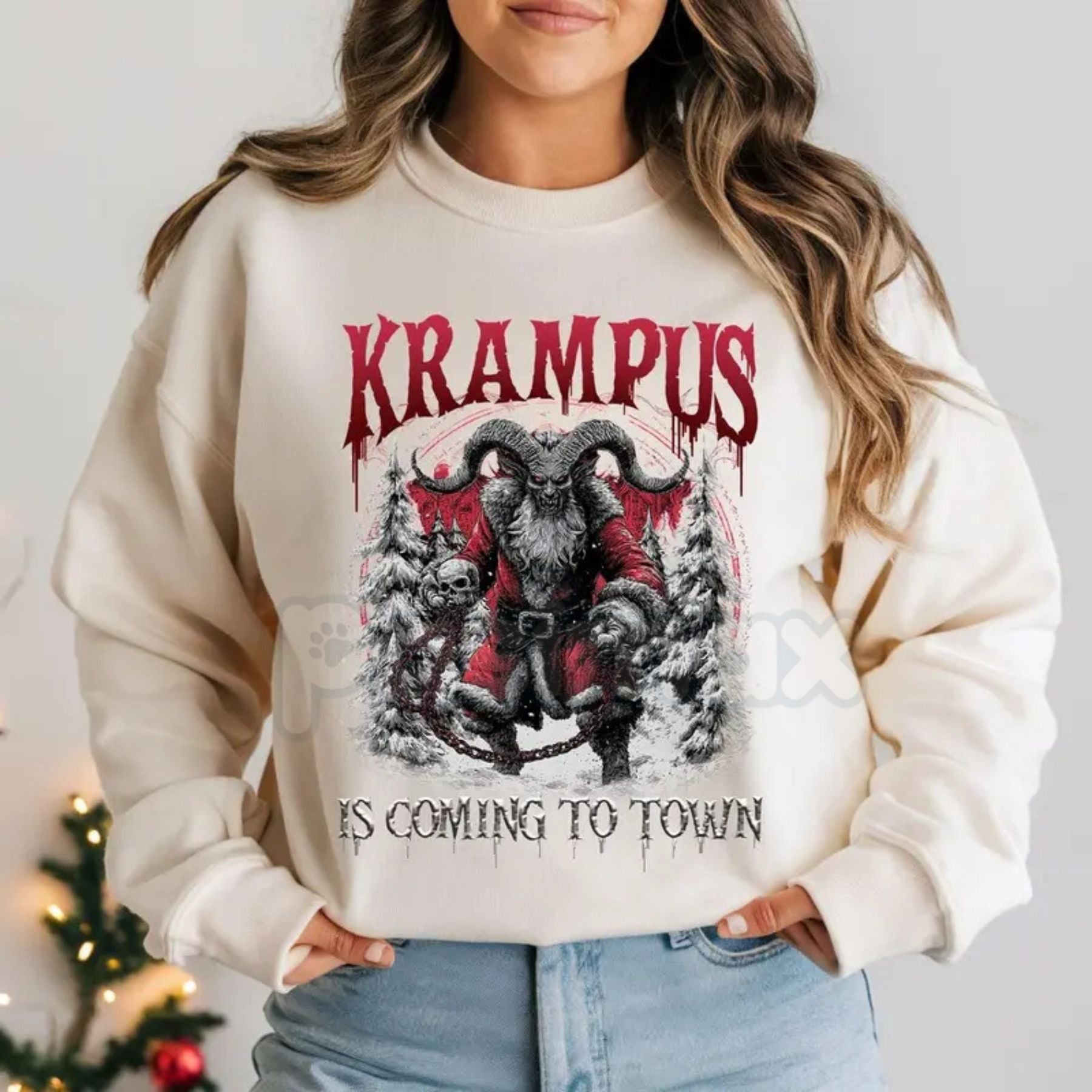 Pasimax Retro Krampus Ugly Sweater Crewneck | Vintage Krampus Is Coming Jumper | Funny 80s Spooky Christmas Shirt | Alternati