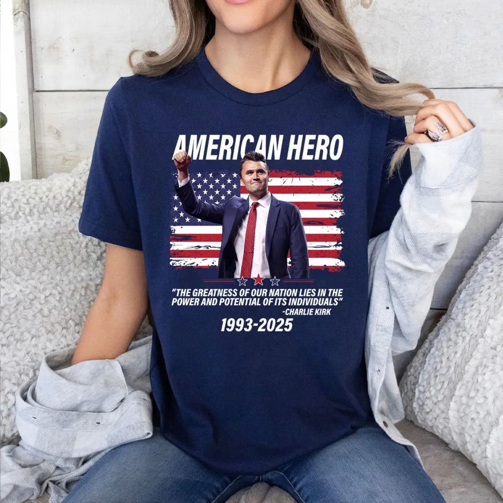 Pasimax Charlie Kirk "American Hero" T-Shirt — detail close-up