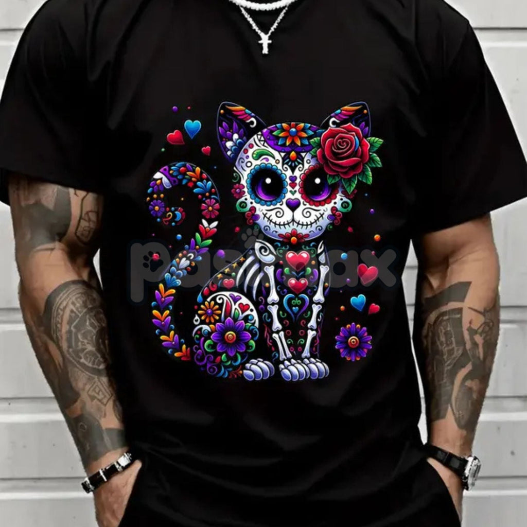 Pasimax Catrina Sugar Skull T-Shirt - Día de Muertos / Cinco de Mayo Cat Tee, Unisex Vibrant Mexican Graphic Apparel — detail