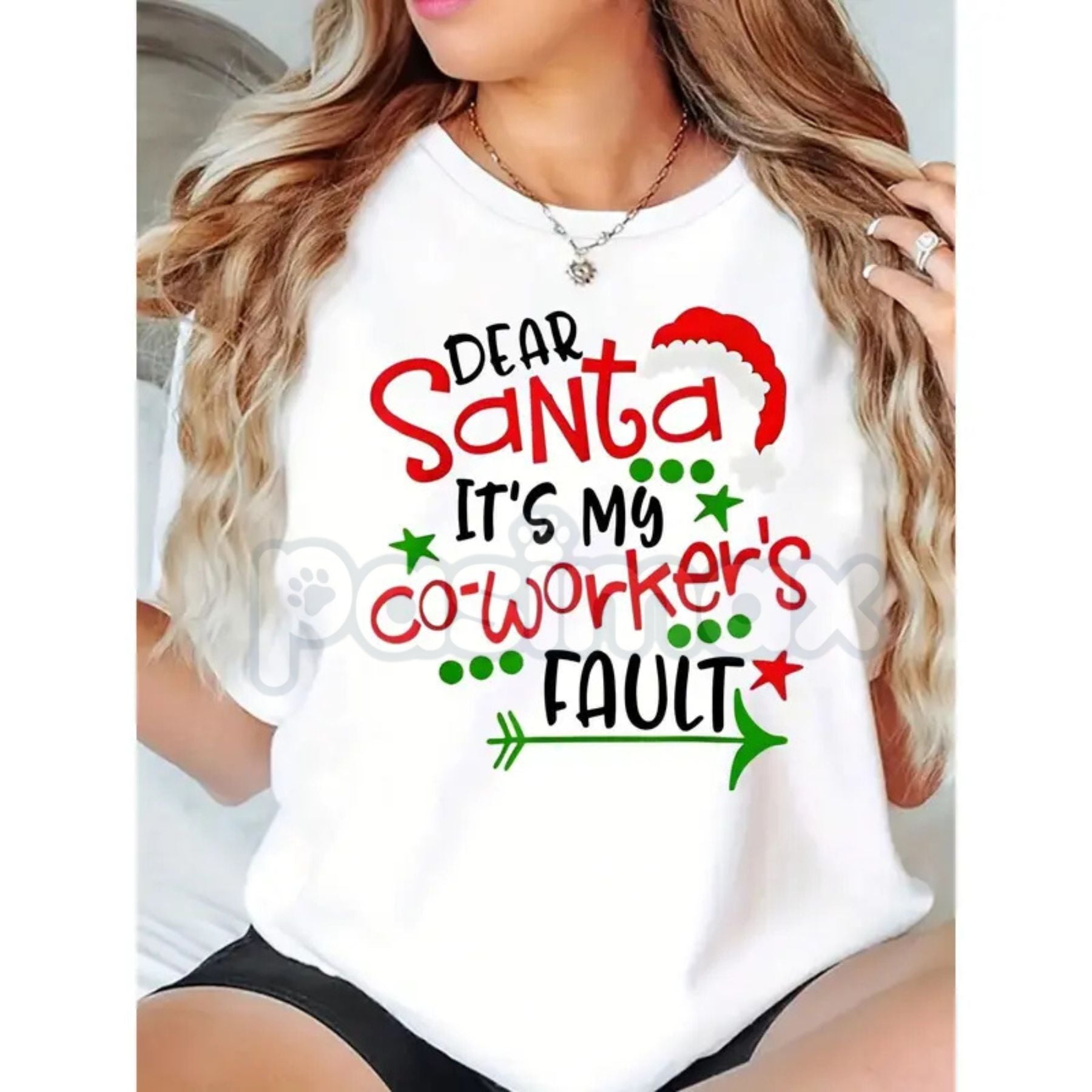 Pasimax "Dear Santa It's My Coworker's Fault" T-Shirt - Funny Office Christmas Gift Women Plus Size, Santa Hat Print Holiday 