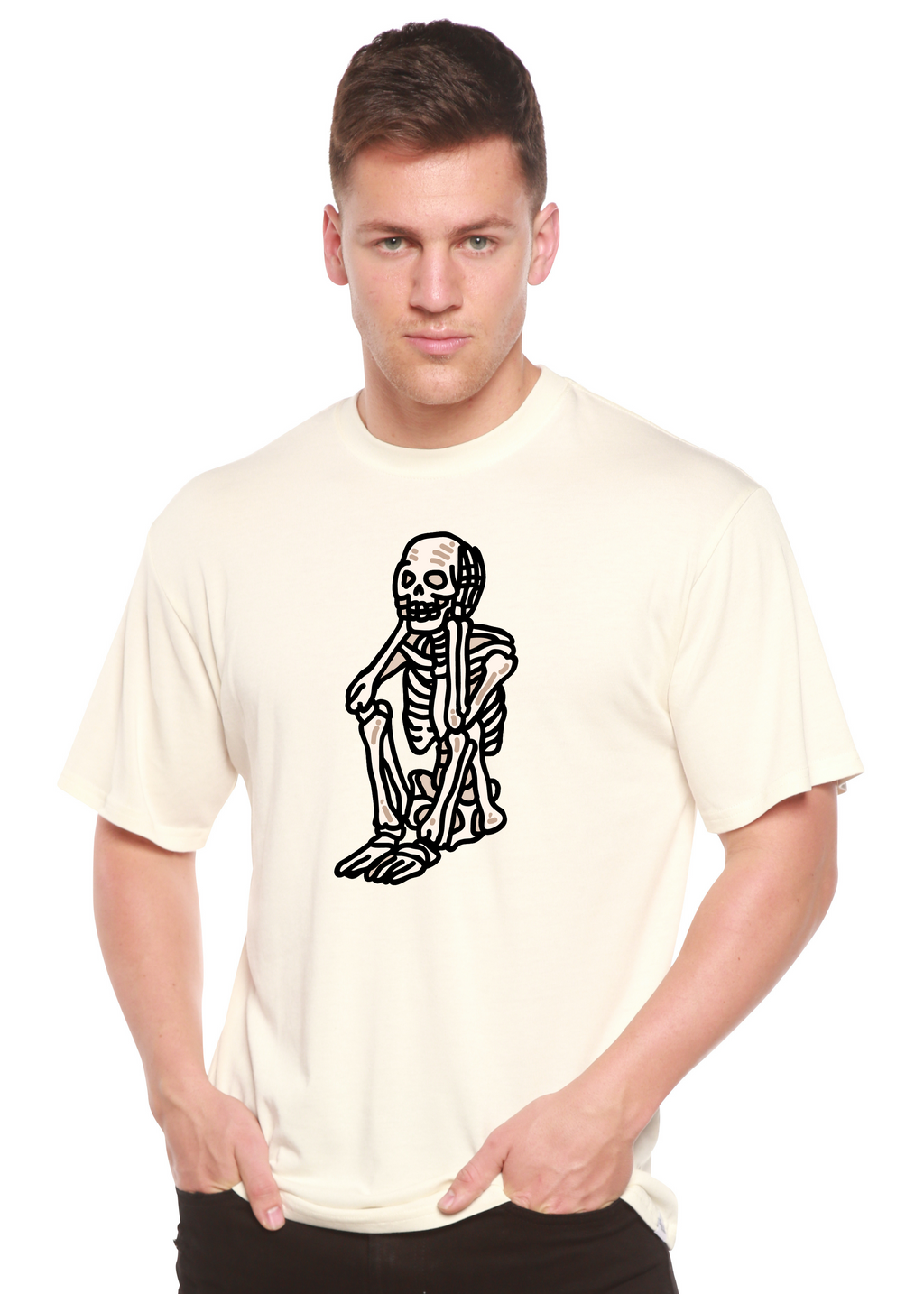 Spun Bamboo Sad Skeleton Halloween Unisex Bamboo Viscose/Organic Cotton Short Sleeve Graphic T-Shirt — color detail