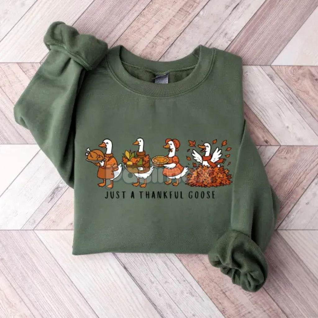 Pasimax Just a Thankful Goose Sweatshirt – Funny Silly Goose Thanksgiving Fall Crewneck — detail close-up