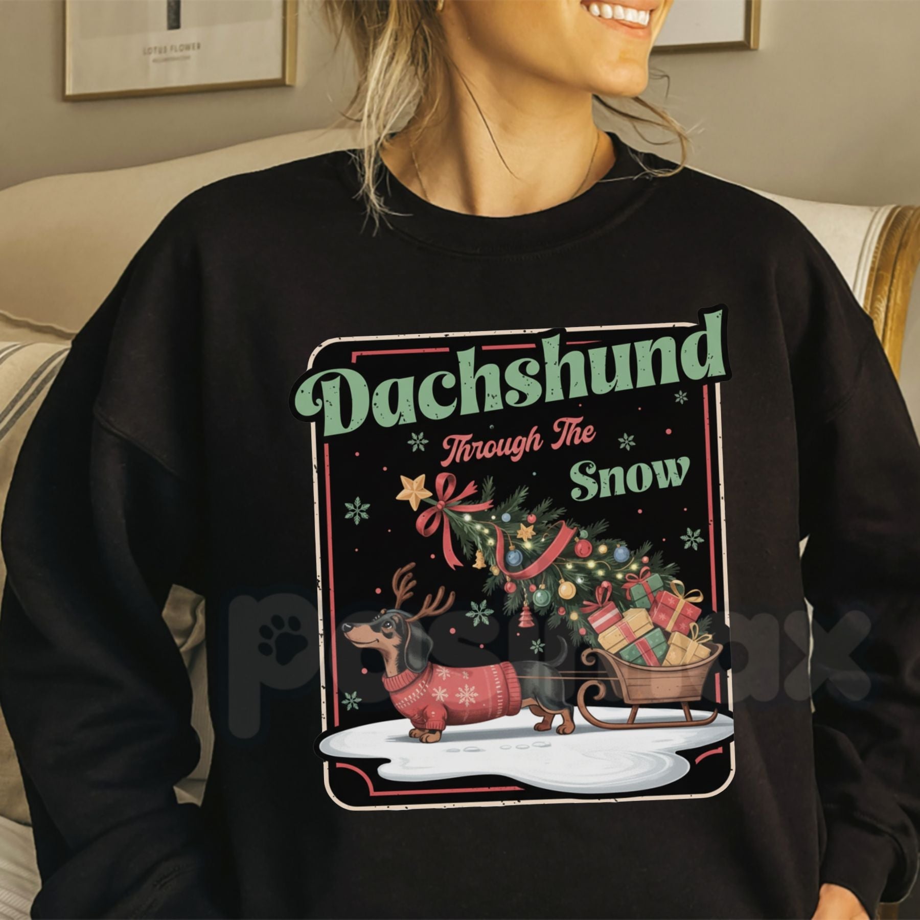 Pasimax Dachshund Through The Snow Sweatshirt | Cute Dog Pun Christmas Crewneck | Wiener Dog Holiday Jumper | Festive Pet Lov