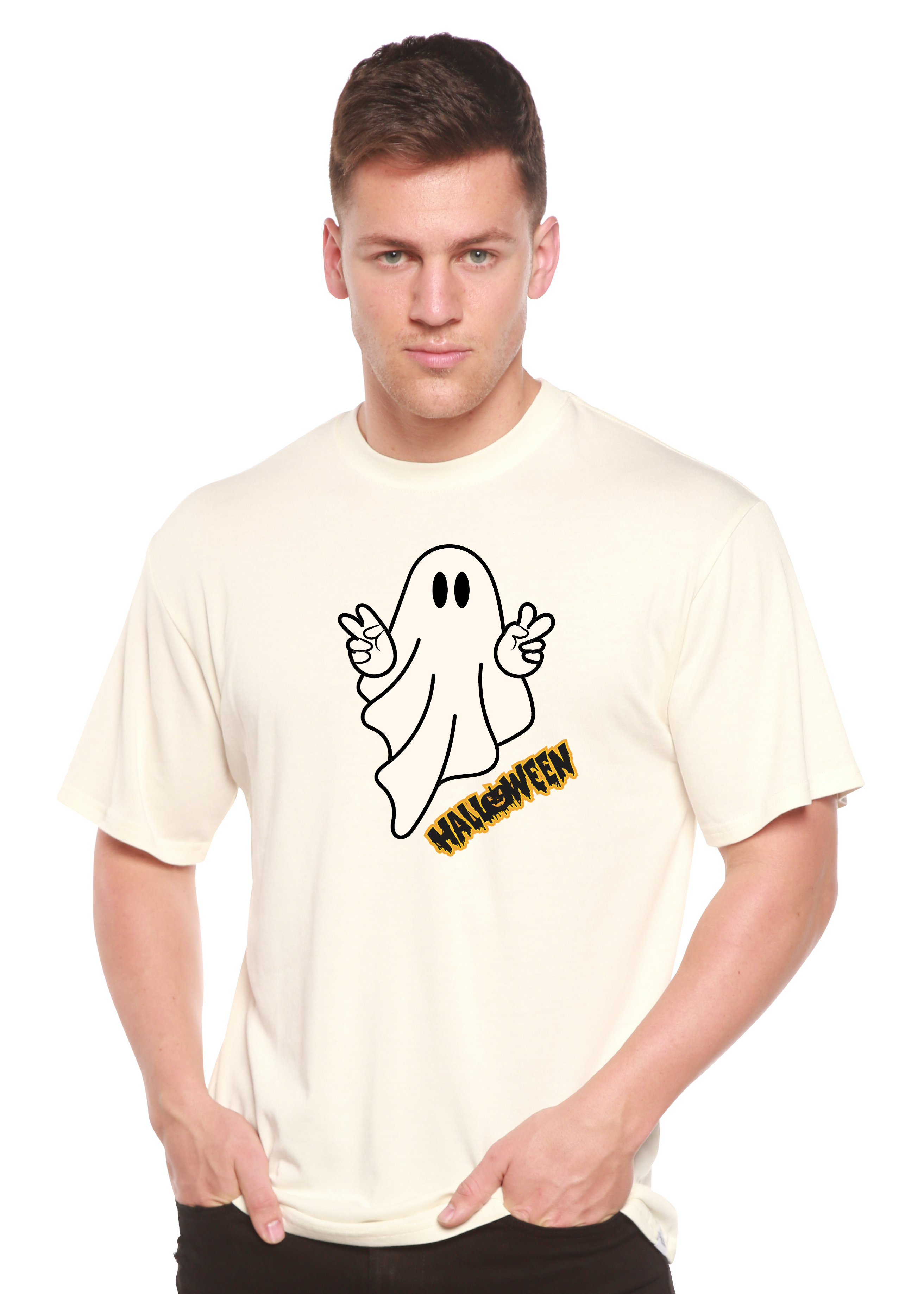 Spun Bamboo Halloween Ghost Unisex Bamboo Viscose/Organic Cotton Short Sleeve Graphic T-Shirt — side view
