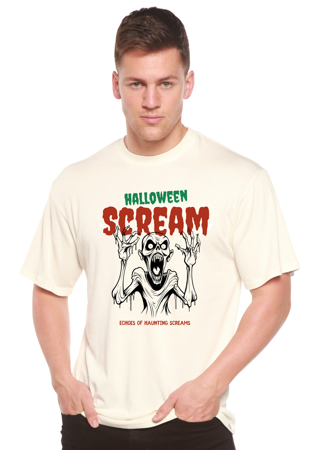 Spun Bamboo Halloween Scream Men's Bamboo Viscose/Organic Cotton Short Sleeve Graphic T-Shirt — detail close-up