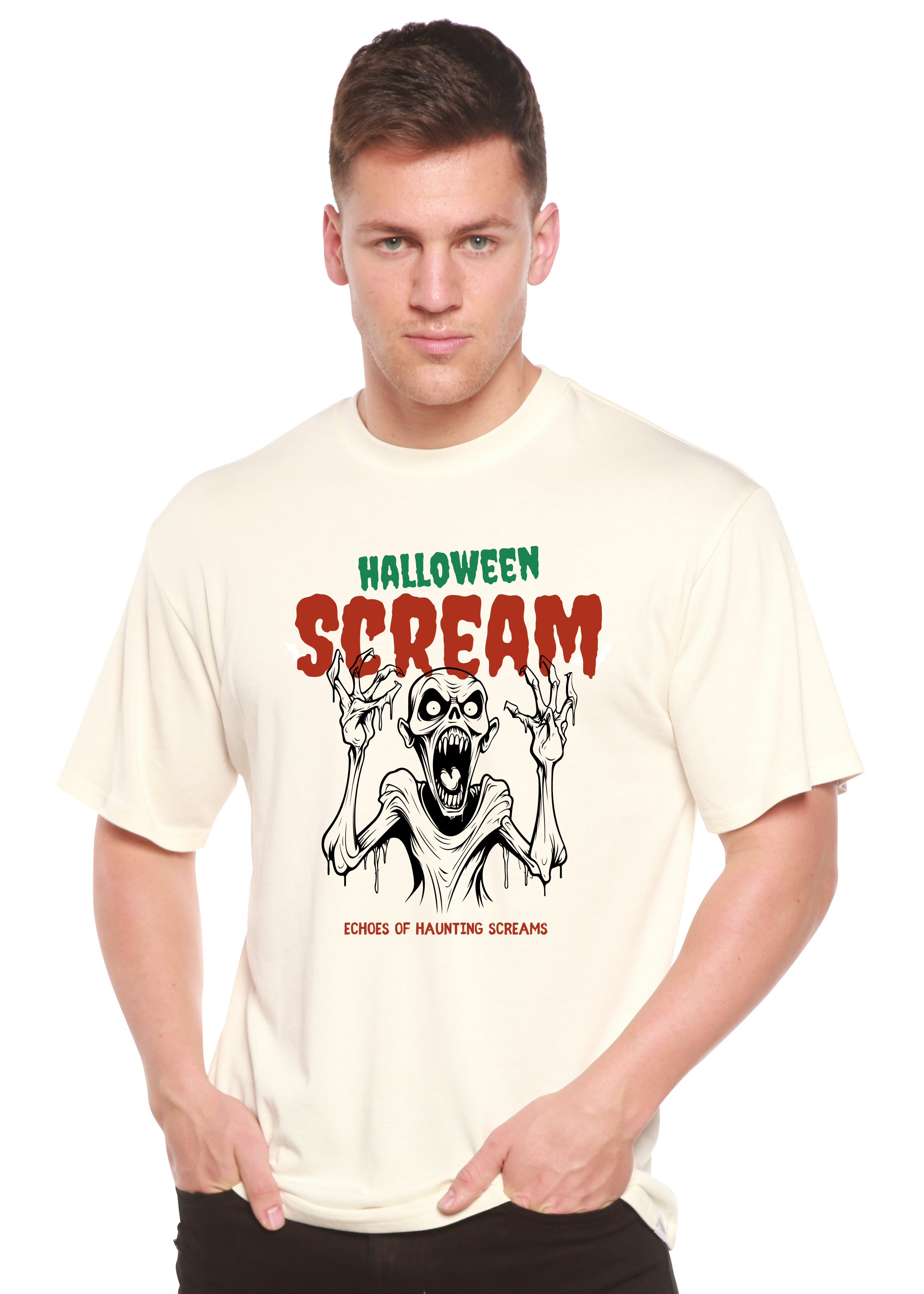 Spun Bamboo Halloween Scream Men's Bamboo Viscose/Organic Cotton Short Sleeve Graphic T-Shirt — detail close-up