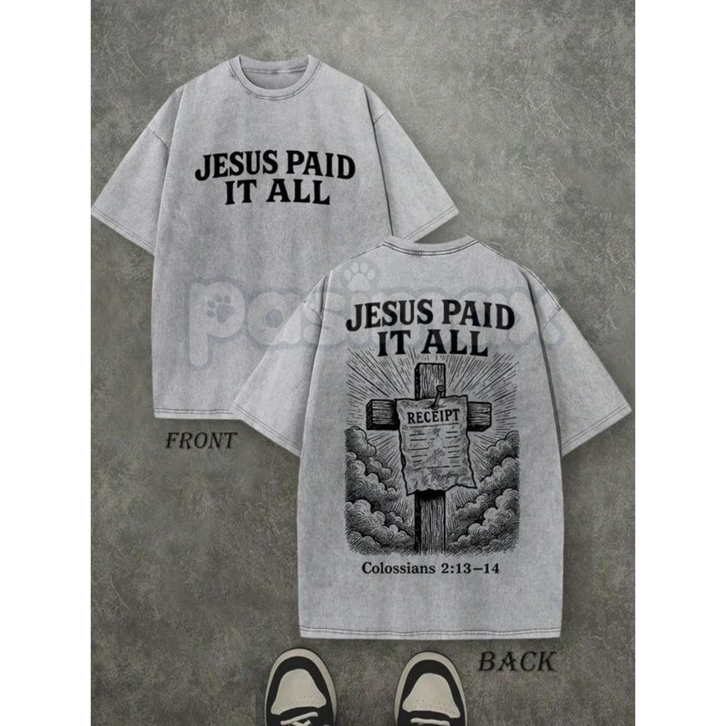 Pasimax "Jesus Paid It All" Double Sided T-Shirt – 230GSM Pure Cotton, Vintage Washed Christian Tee — detail close-up