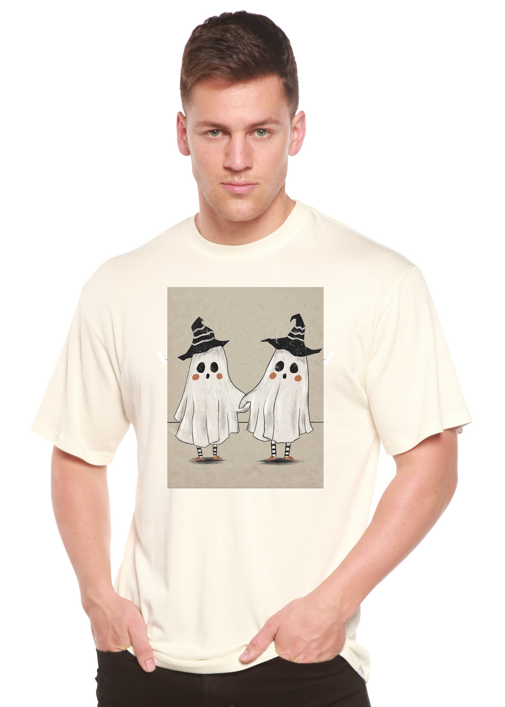 Spun Bamboo Cute Ghost Men's Bamboo Viscose/Organic Cotton Short Sleeve Graphic T-Shirt — detail close-up