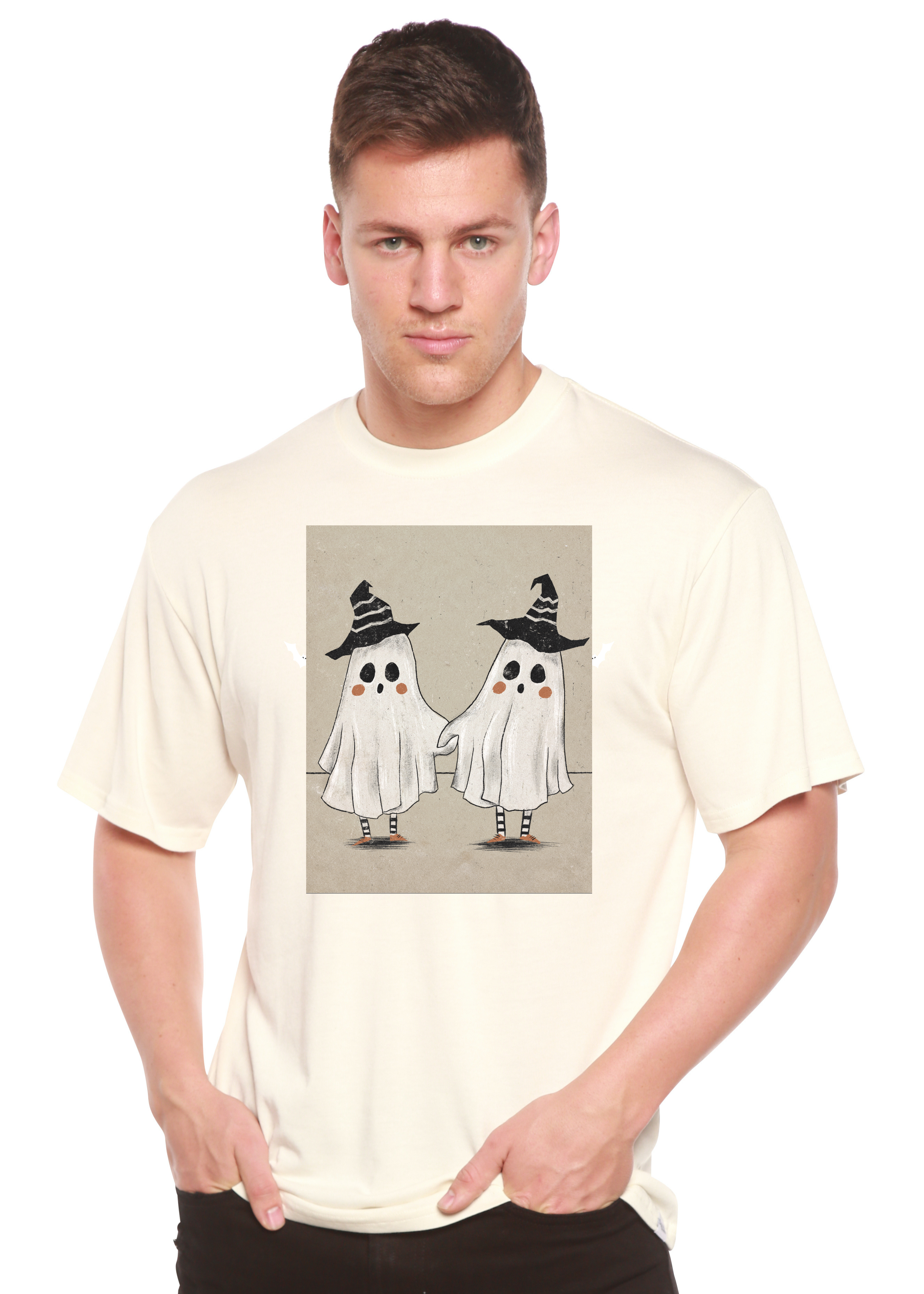 Spun Bamboo Cute Ghost Men's Bamboo Viscose/Organic Cotton Short Sleeve Graphic T-Shirt — detail close-up