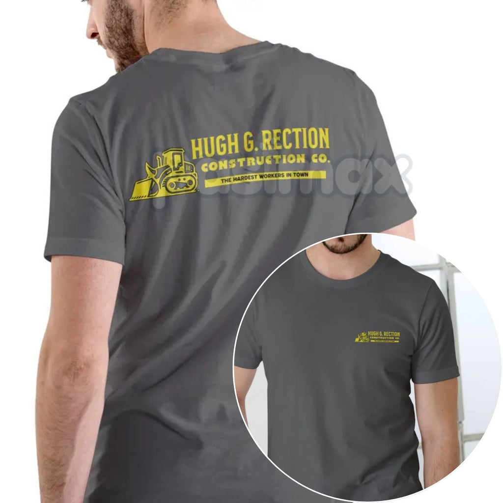 Pasimax Hugh G Rection Construction Co. Funny T Shirt — detail close-up