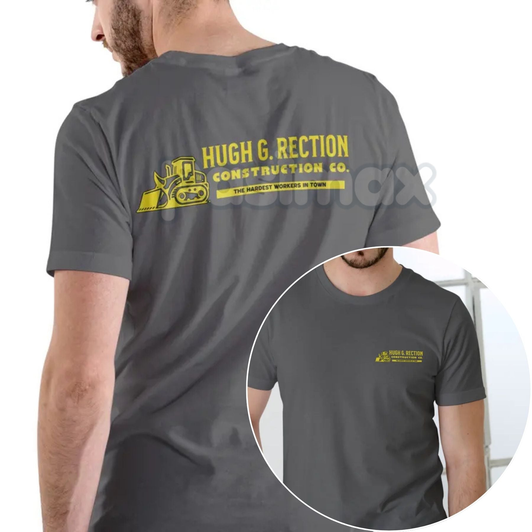 Pasimax Hugh G Rection Construction Co. Funny T Shirt — detail close-up
