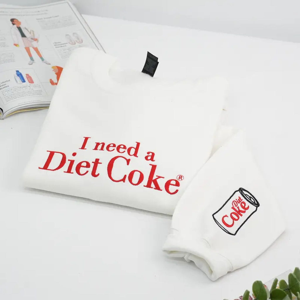 Pasimax Funny Embroidered "I Need a Diet Coke" Sweatshirt – Caffeine Humor Crewneck — detail close-up