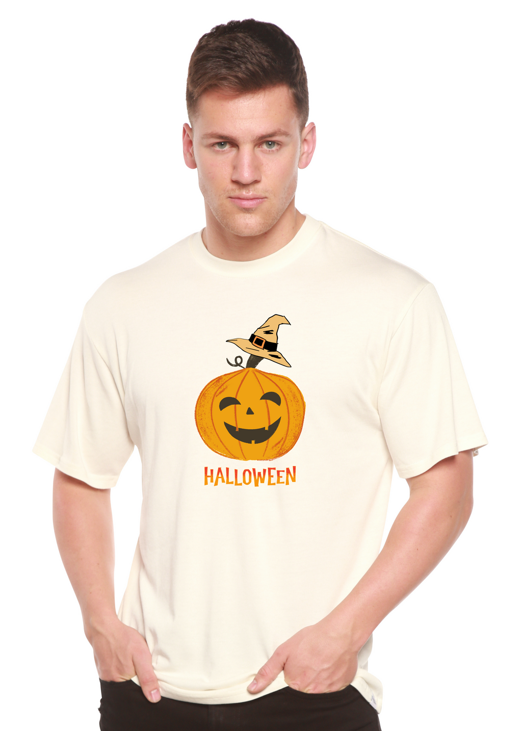 Spun Bamboo Halloween Pumpkin Unisex Bamboo Viscose/Organic Cotton Short Sleeve Graphic T-Shirt — detail close-up