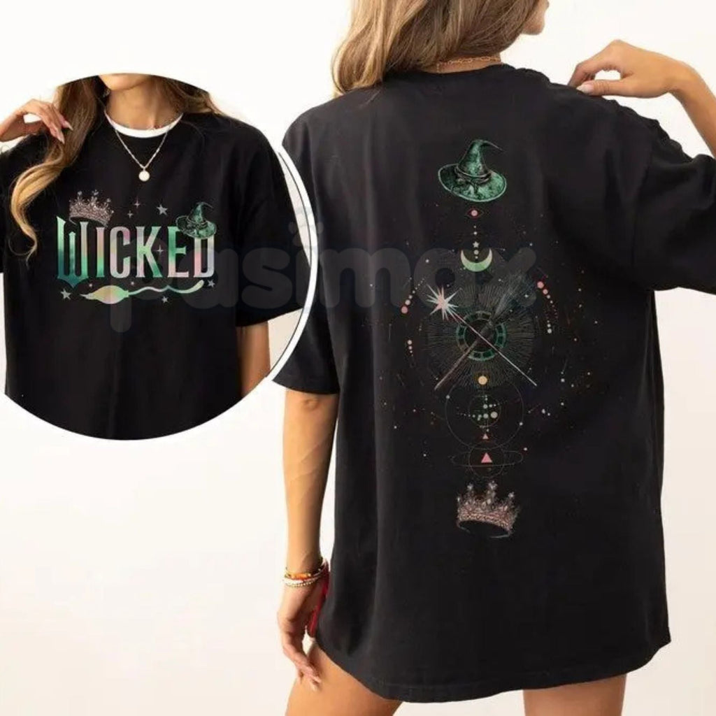 Pasimax Wicked Musical "Defy Gravity" Two-Sided T-Shirt - Broadway Fan Apparel, Elphaba Glinda Graphic Tee, Broomstick & Wand