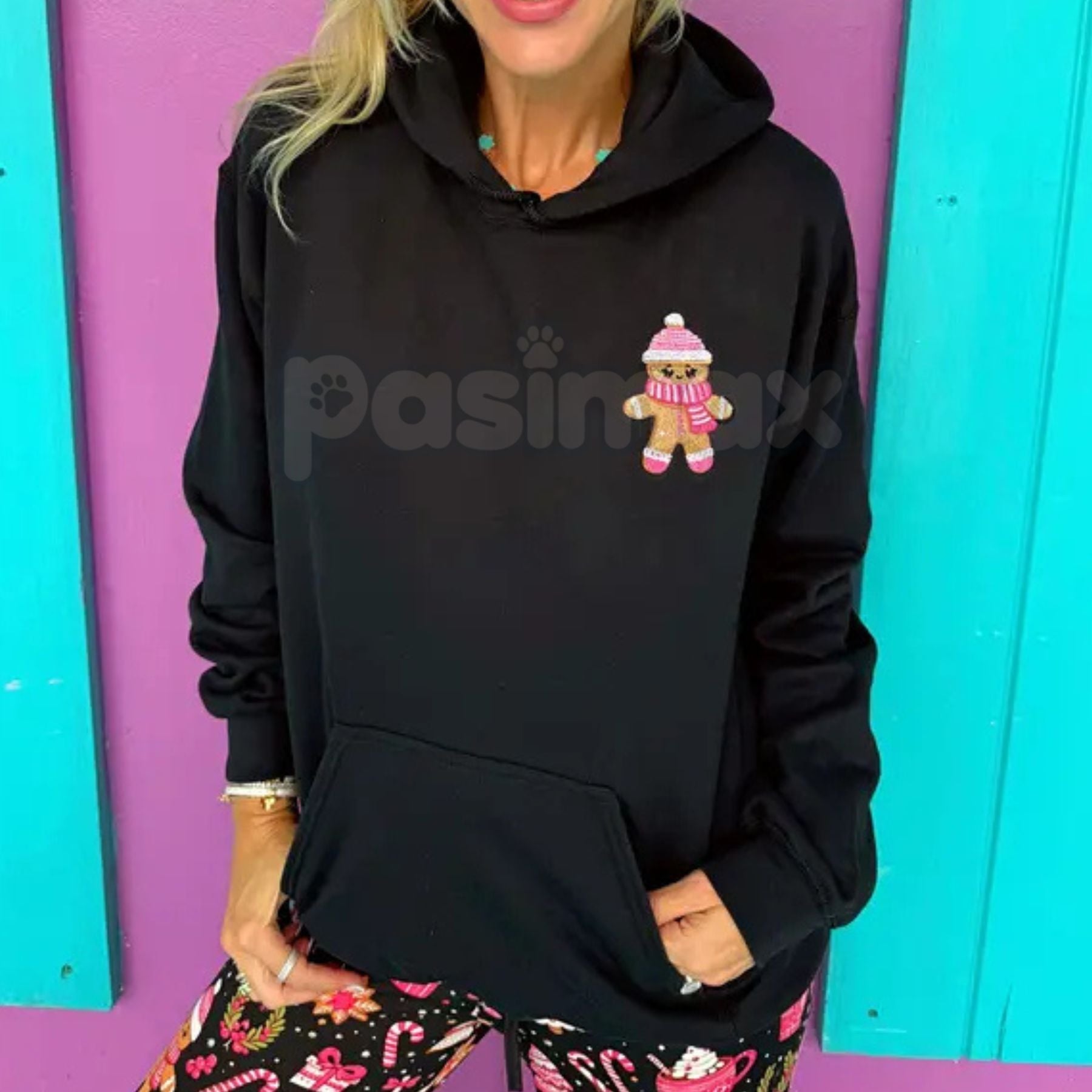 Pasimax Gingerbread Holiday Charm Embroidered Hoodie – Premium Cozy Christmas Sweatshirt for Gifting — detail close-up
