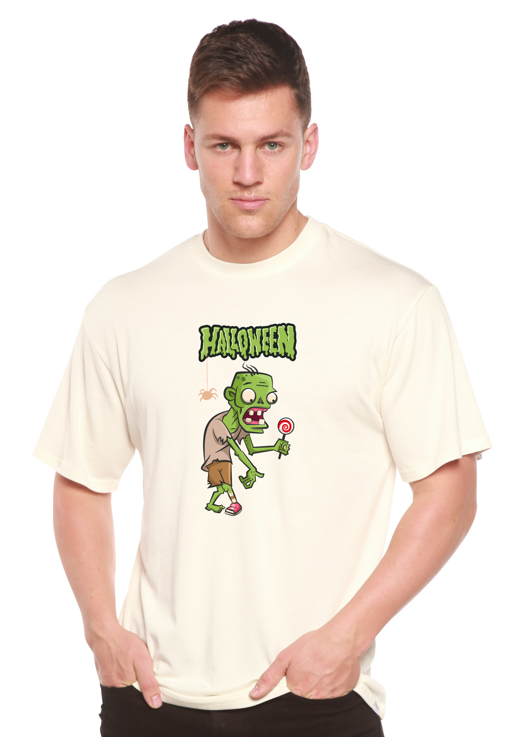 Spun Bamboo Halloween Green Monster Unisex Bamboo Viscose/Organic Cotton Short Sleeve Graphic T-Shirt — lifestyle context