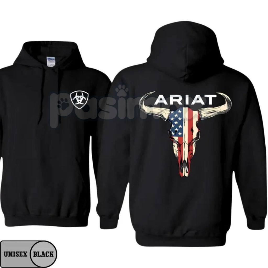 Pasimax Ariat Hoodie – American Flag Bull Skull Western Cowboy Pullover, Patriotic & Rustic Outdoors Apparel, Unisex — detail