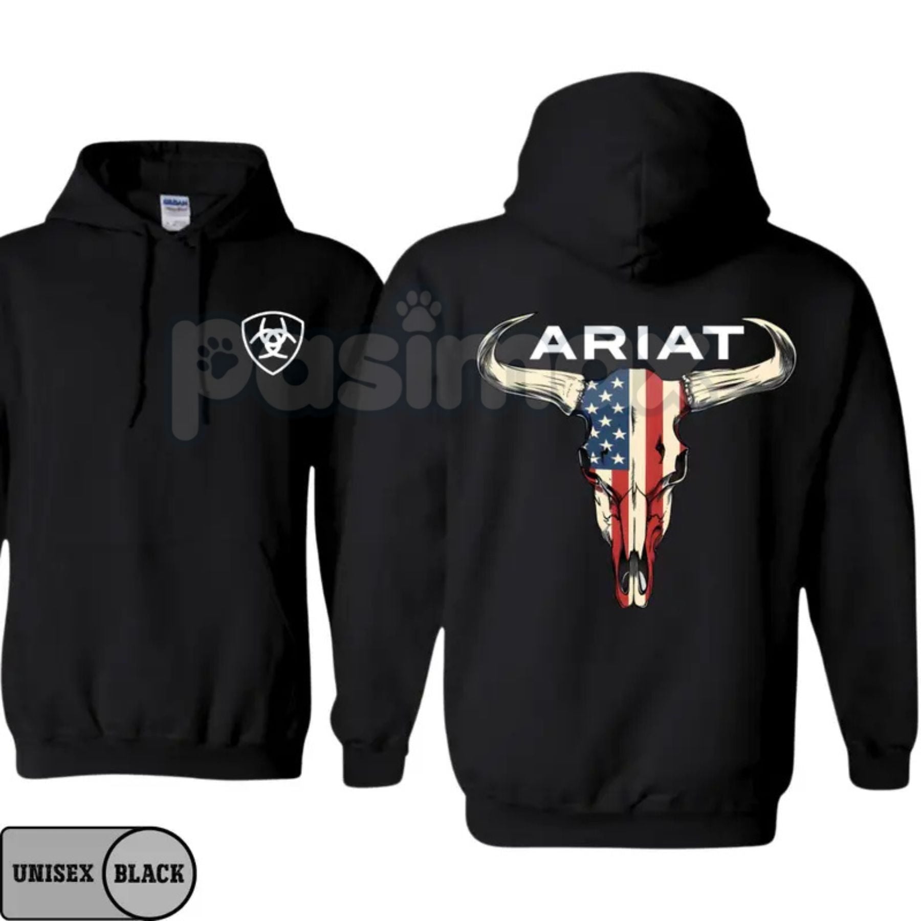 Pasimax Ariat Hoodie – American Flag Bull Skull Western Cowboy Pullover, Patriotic & Rustic Outdoors Apparel, Unisex — detail