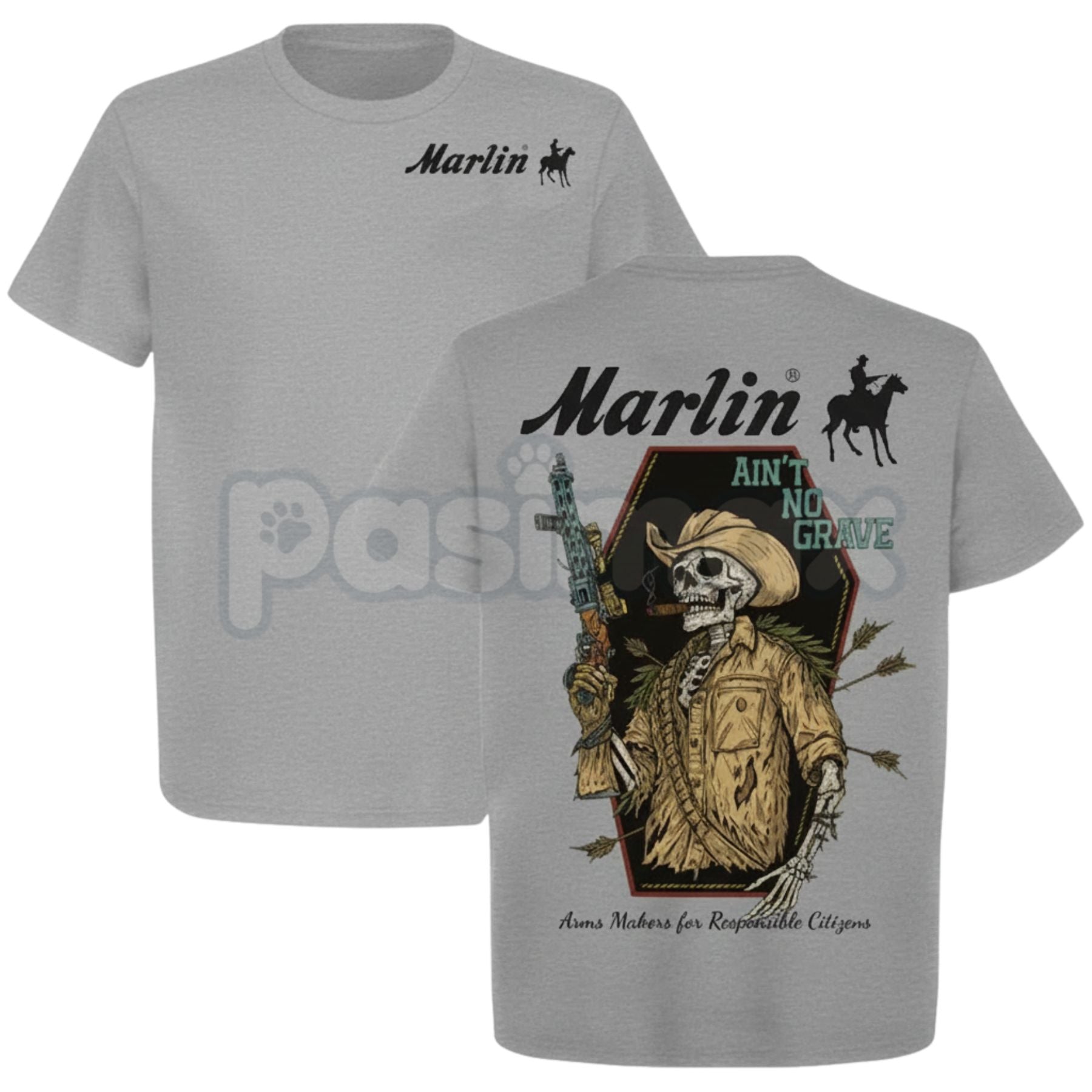 Pasimax Marlin "Ain't No Grave" Cowboy T-Shirt - Spiritual Western Graphic Tee, Rugged Inspirational Apparel, Classic Rifle &