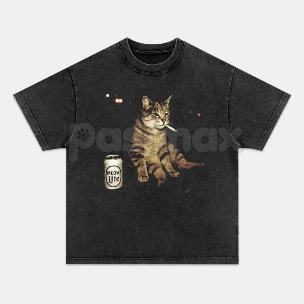 Pasimax Wacky Cat Printed Design Unisex Oversized T-Shirt – Vintage Washed Graphic Crew Neck Tee — detail close-up
