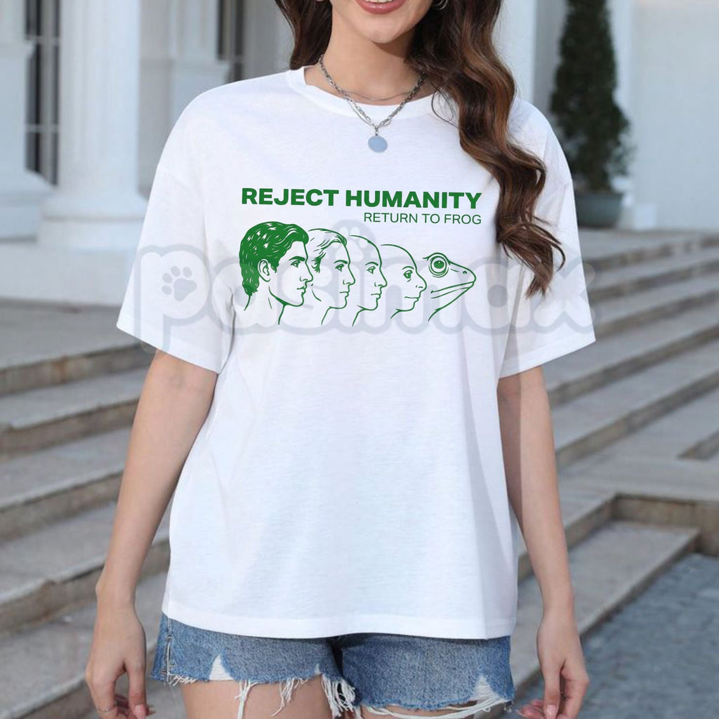 Pasimax "Reject Humanity Return to Frog" Evolution T-Shirt - Funny Ironic Meme Graphic Tee, Absurdist Frog Lover Gift Shirt, 