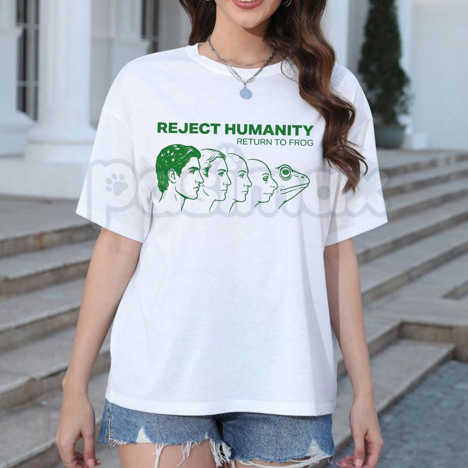 Pasimax "Reject Humanity Return to Frog" Evolution T-Shirt - Funny Ironic Meme Graphic Tee, Absurdist Frog Lover Gift Shirt, 