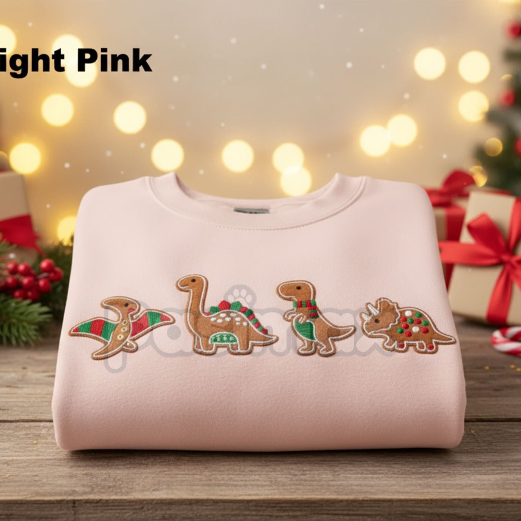 Pasimax Gingerbread Dinosaur Christmas Embroidered Sweatshirt – Funny Holiday Crewneck — detail close-up