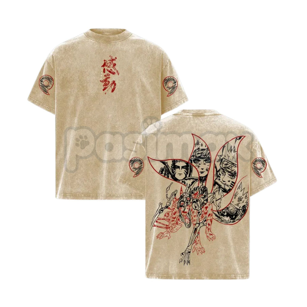Pasimax Naruto Kurama Sharingan T-Shirt – Vintage Washed Oversized Anime Tee, Nine-Tails Fox Graphic — detail close-up