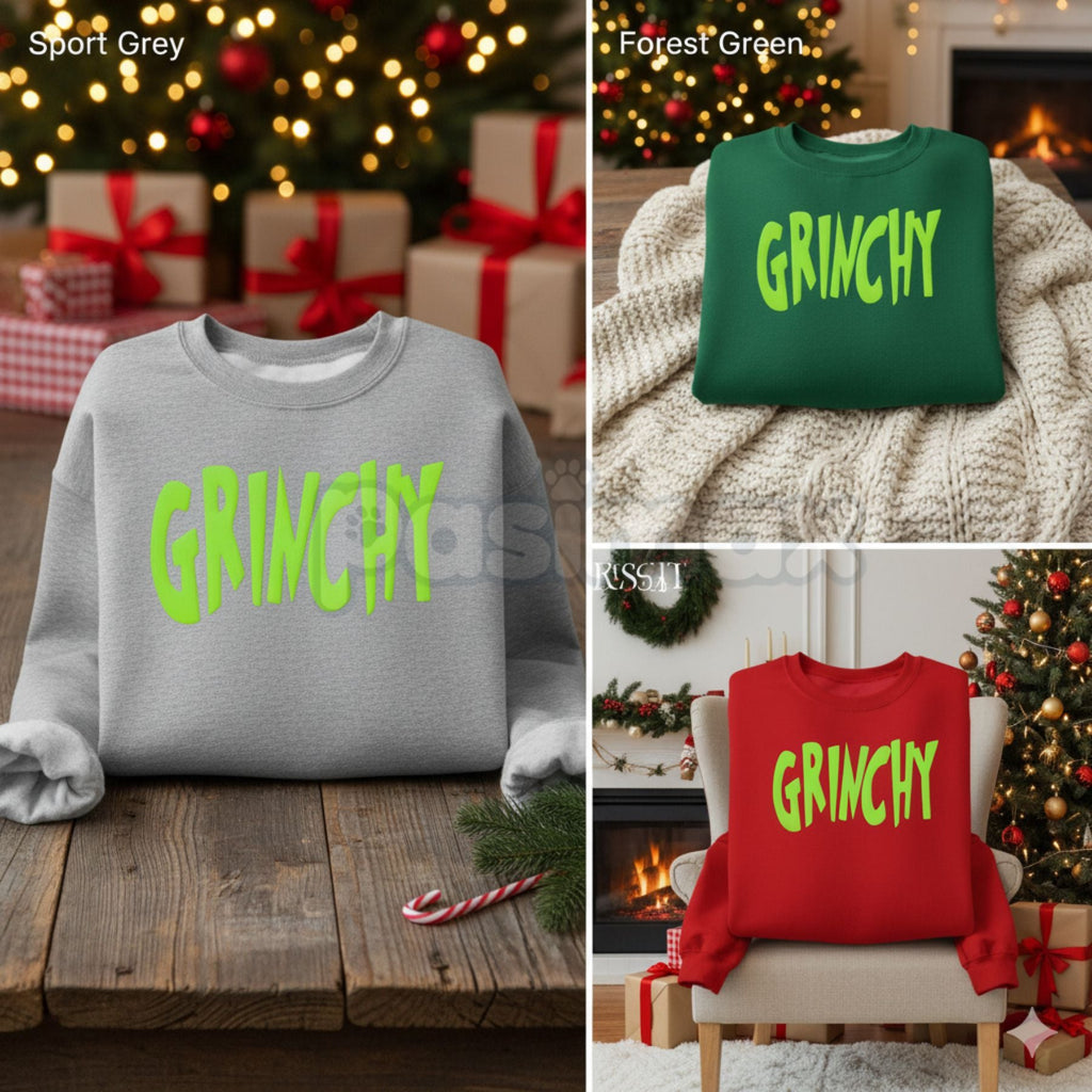 Pasimax Minimalist GRINCHY Sweatshirt – I'm Only Here For The Presents Holiday Crewneck — detail close-up