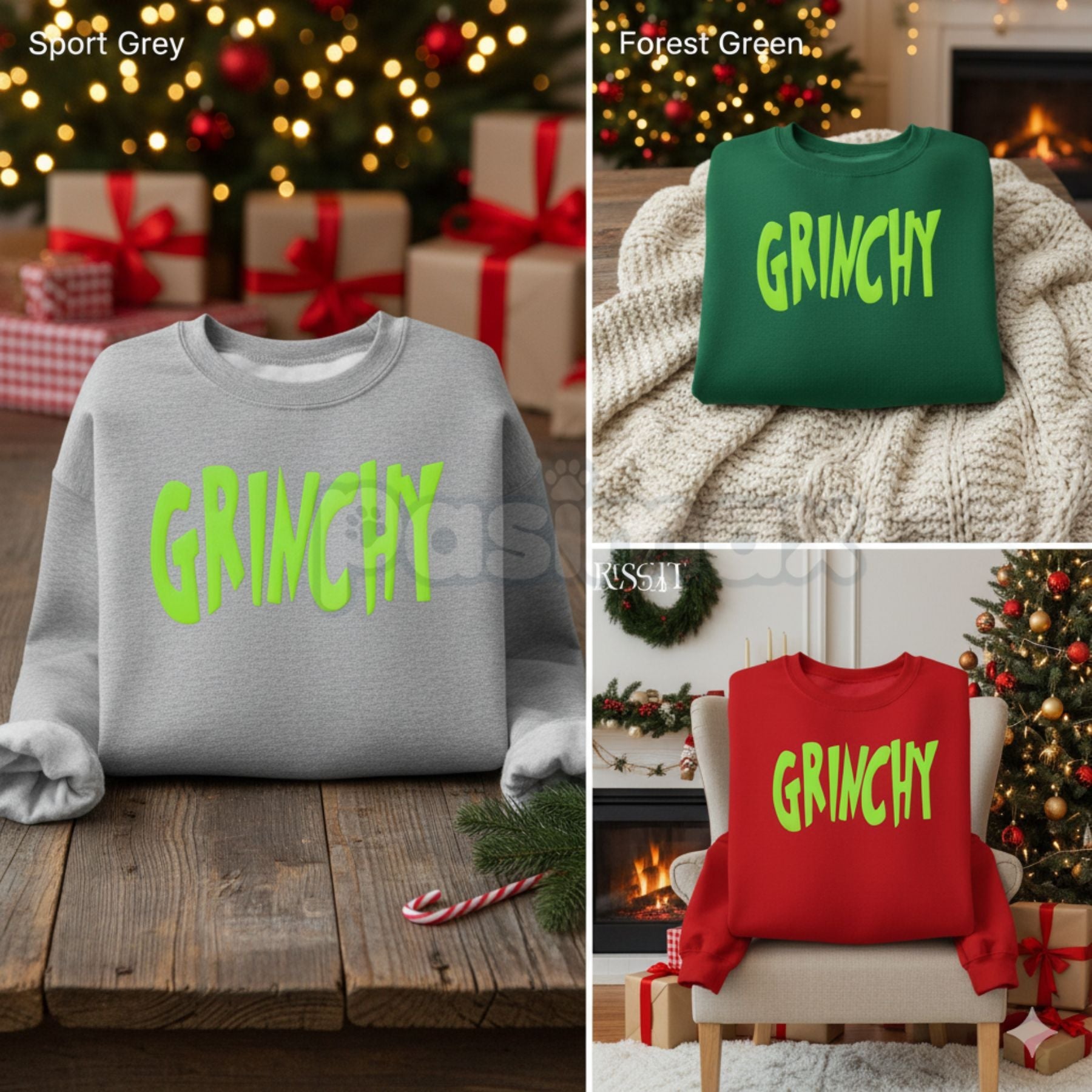Pasimax Minimalist GRINCHY Sweatshirt – I'm Only Here For The Presents Holiday Crewneck — detail close-up