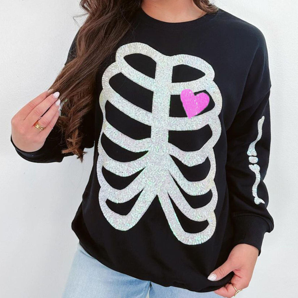 Pasimax Sequin Skeleton Halloween Sweatshirt for Women — detail close-up