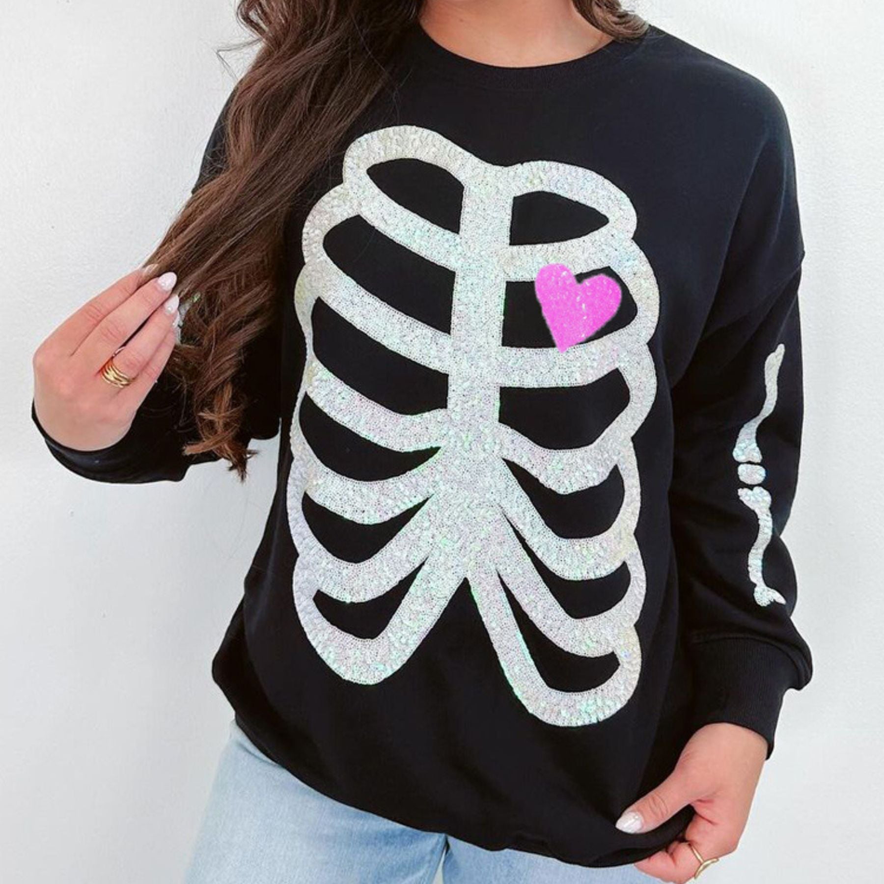 Pasimax Sequin Skeleton Halloween Sweatshirt for Women — detail close-up