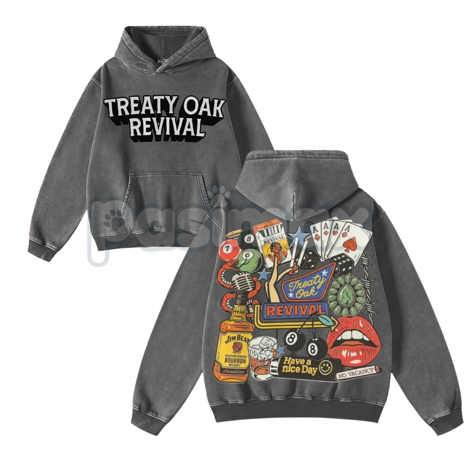 Pasimax Retro Treaty Oak Revival Western Hoodie – Vintage Washed Pullover, Classic Americana Streetwear — detail close-up