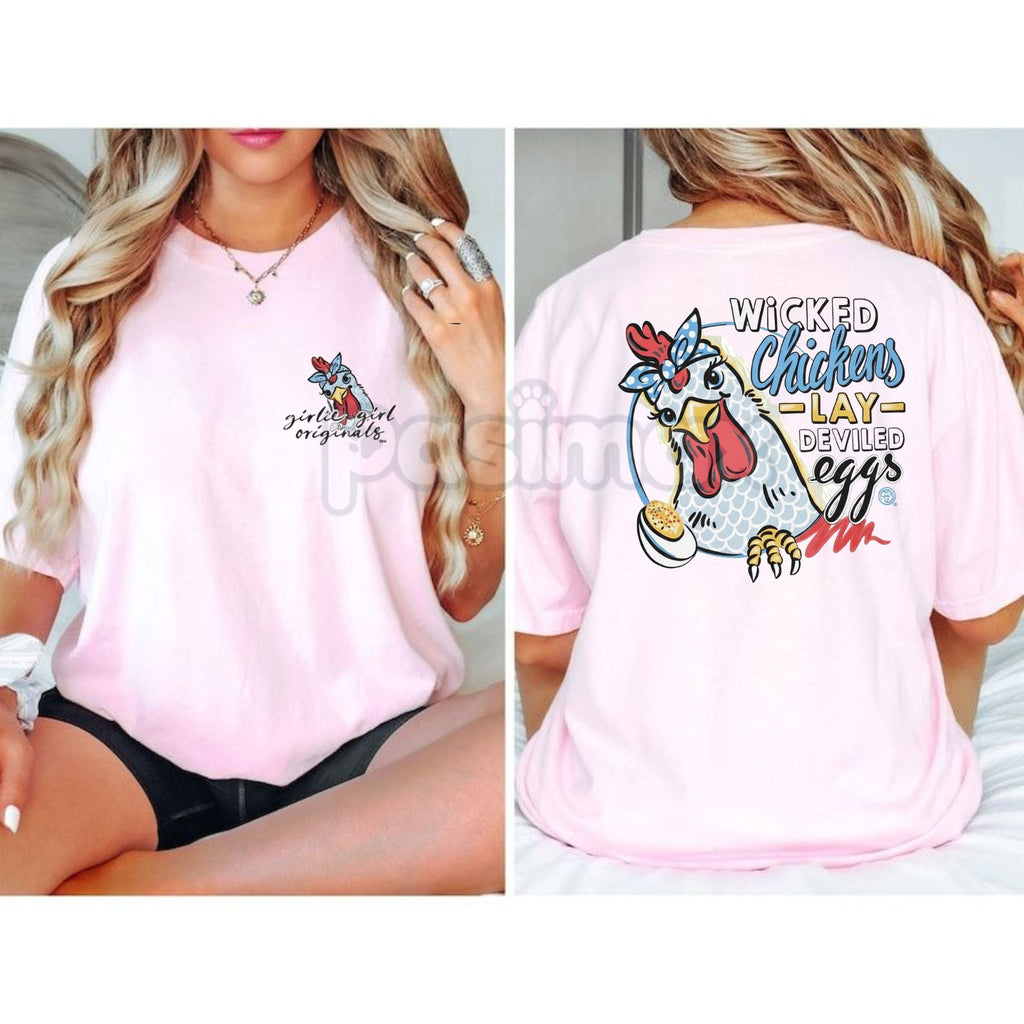 Pasimax "Wicked Chickens Lay Deviled Eggs" T-Shirt — detail close-up