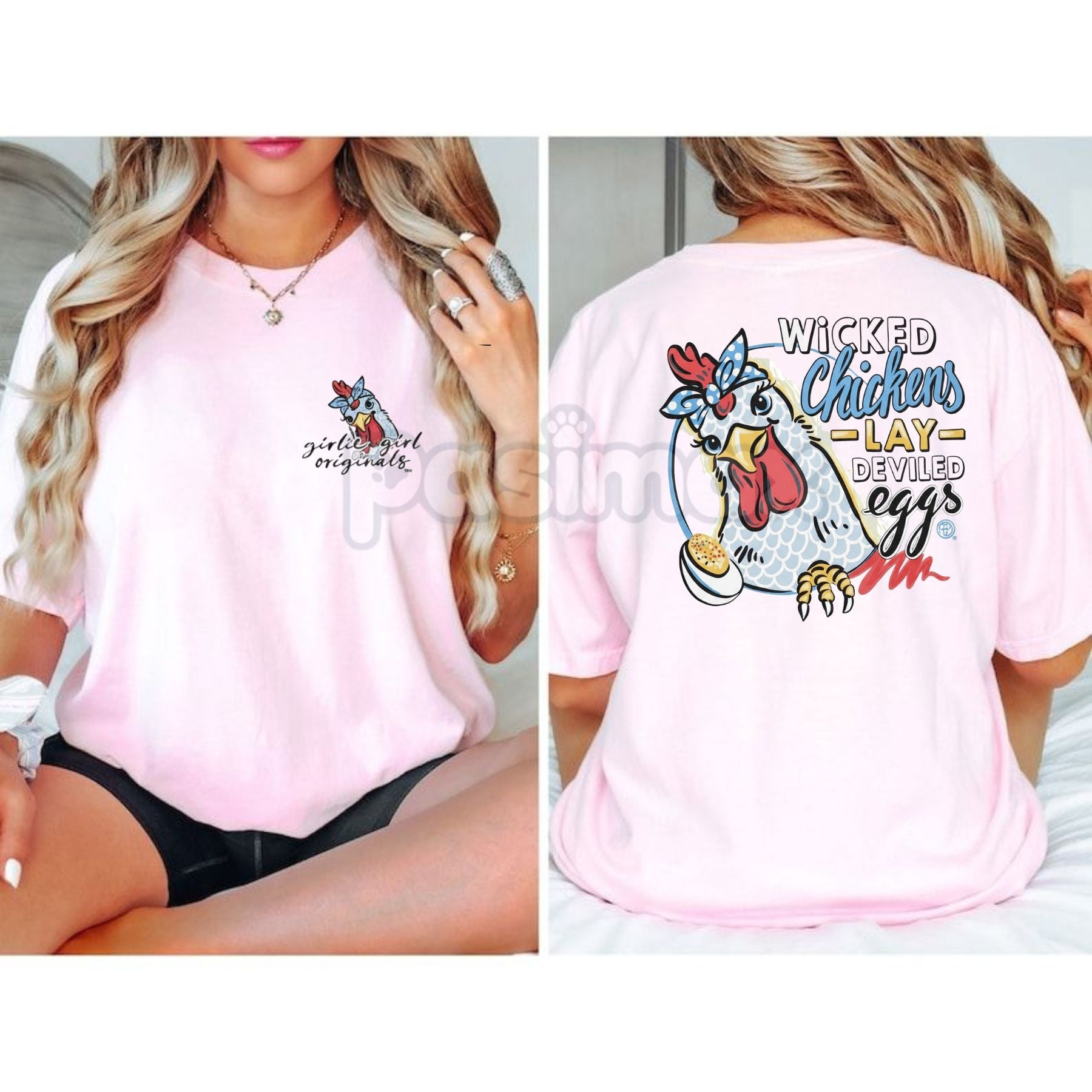 Pasimax "Wicked Chickens Lay Deviled Eggs" T-Shirt — detail close-up