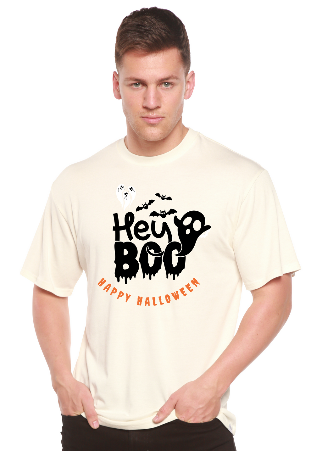 Spun Bamboo Hey Boo Men's Bamboo Viscose/Organic Cotton Short Sleeve Graphic T-Shirt — detail close-up