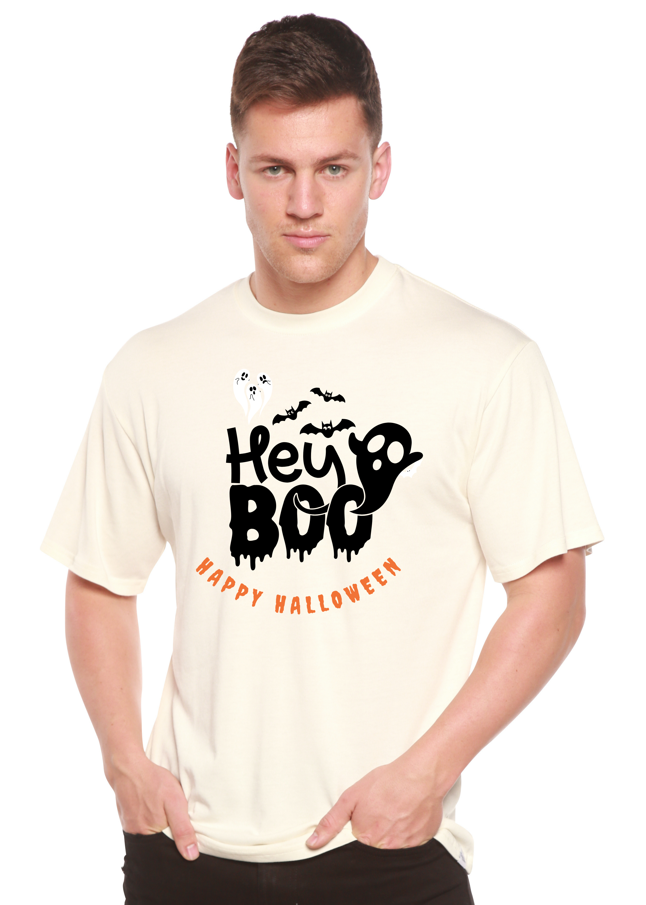Spun Bamboo Hey Boo Men's Bamboo Viscose/Organic Cotton Short Sleeve Graphic T-Shirt — detail close-up