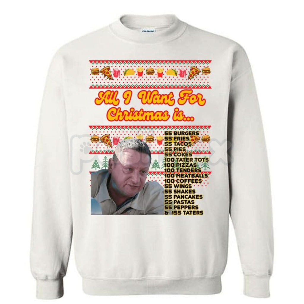 Pasimax ITYSL Christmas: "55 Burgers 55 Fries" Tim Robinson Unisex Crewneck – Holiday Comedy Sweatshirt — detail close-up