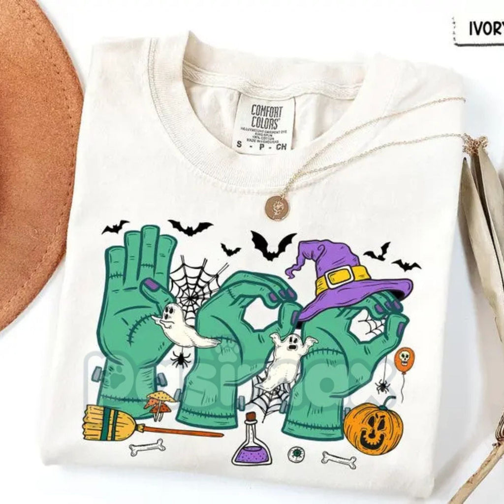Pasimax Comfort Colors® 'Boo In ASL' SPED Teacher Halloween T-Shirt — detail close-up