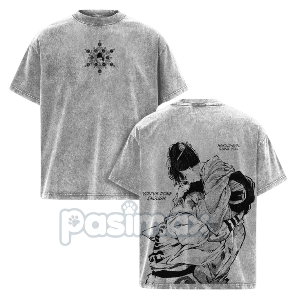 Pasimax Akaza vs. Koyuki Demon Slayer T-Shirt – 2-Sided Washed Cotton Graphic Tee, Oversized Anime Manga — detail close-up