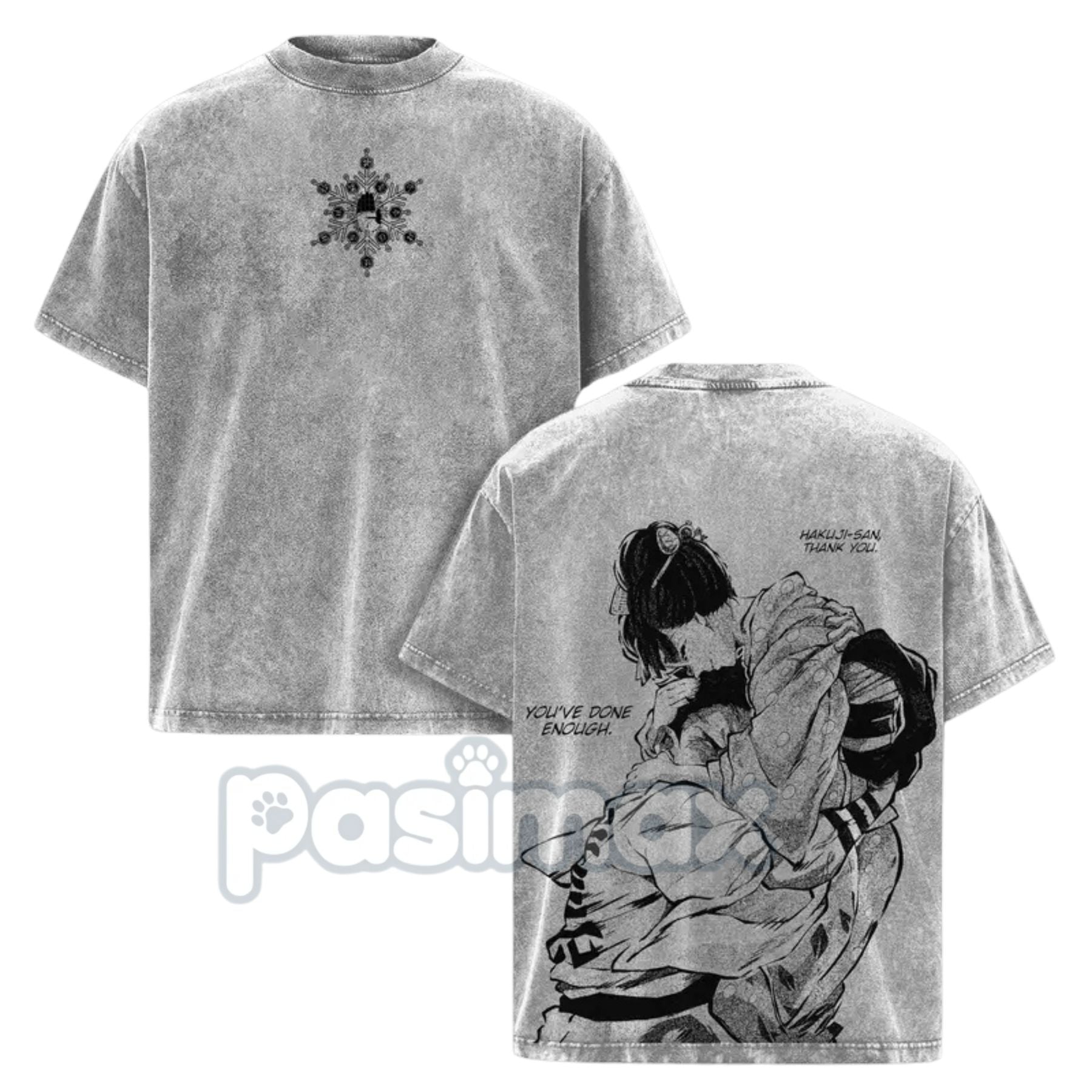 Pasimax Akaza vs. Koyuki Demon Slayer T-Shirt – 2-Sided Washed Cotton Graphic Tee, Oversized Anime Manga — detail close-up