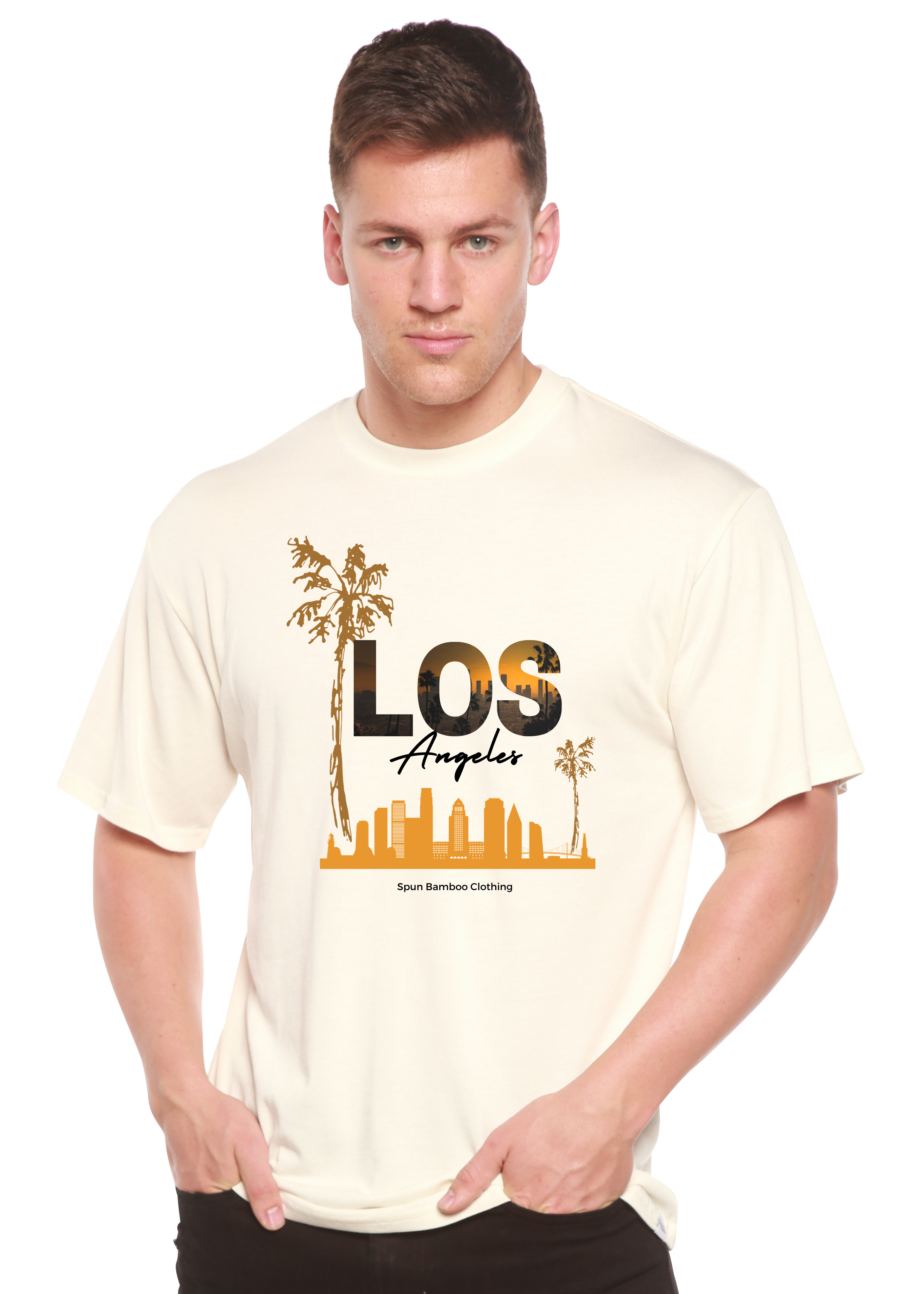 Spun Bamboo Los Angeles Unisex Bamboo Viscose/Organic Cotton Short Sleeve Graphic T-Shirt — detail close-up