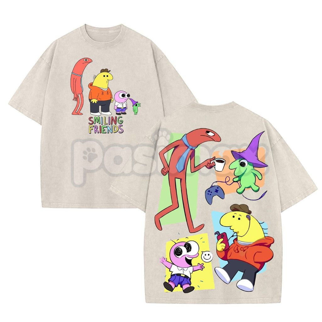 Pasimax Smiling Friends Washed Cotton Shirt – Retro Season 3 Graphic Tee, Vintage Oversized Animation Merch — detail close-up