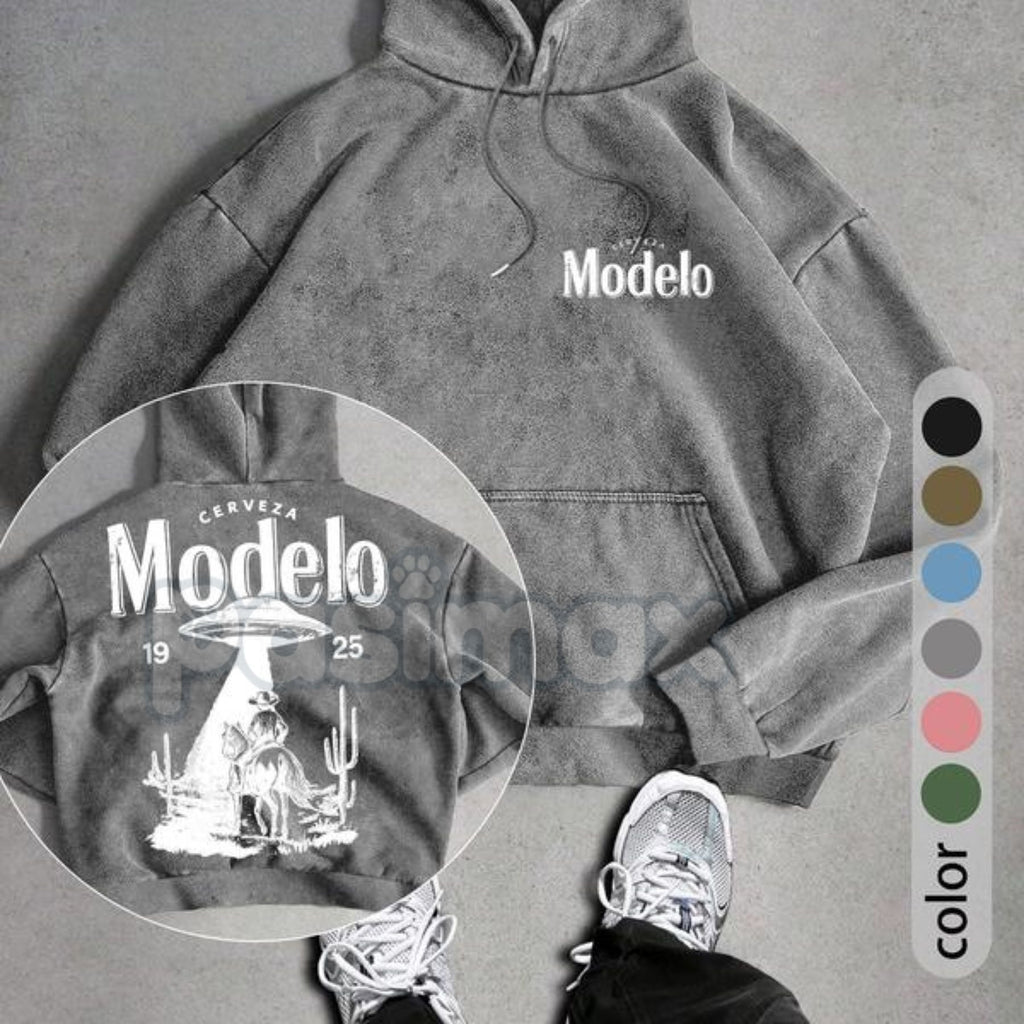 Pasimax UFO Cowboy Showdown Hoodie – Men's Retro Washed Streetwear, Unique Graphic Pullover — detail close-up